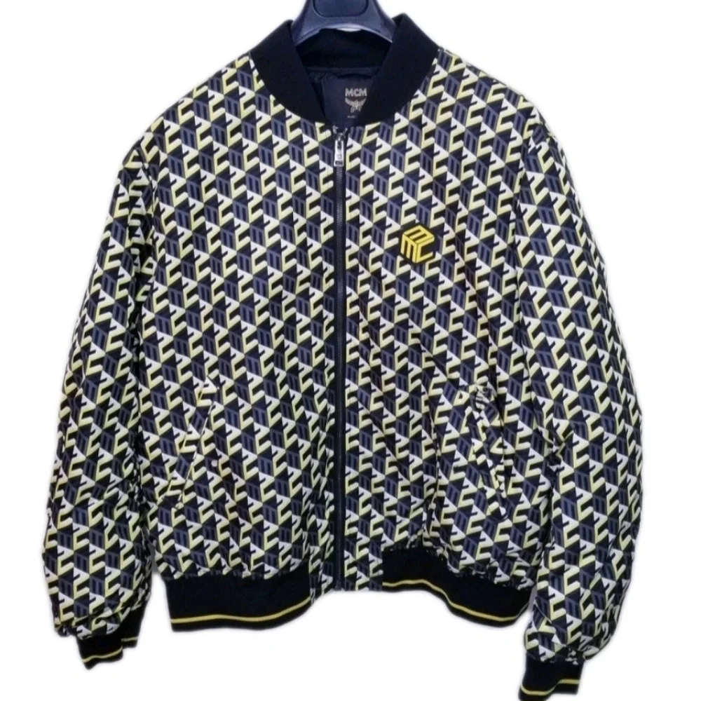 MCM Allover Cubic Monogram Logo Bomber Jacket /Black & Yellow Mens XXL - Picture 1 of 9